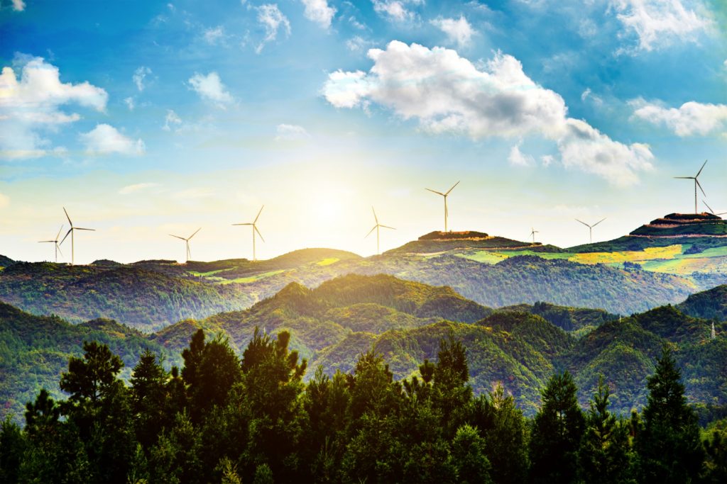 Imagen que muestra un bosque, con una montaña al fono coronada por generadores eólicos, para ilustrar el artículo sobre desarrollo sostenible.